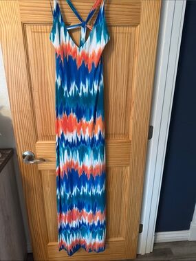 Tart Multicolor Ikat Maxi Dress in Blue, Teal, Orange & White